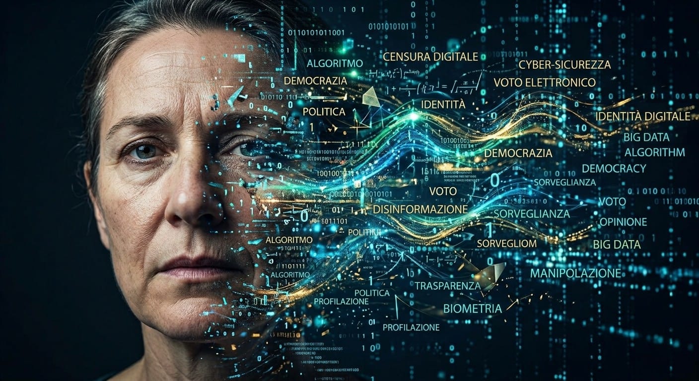 Foto: volto che si dissolve in una nuvola di dati e algoritmi